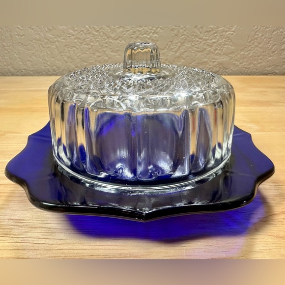 Imperial Glass Cobalt Blue Cheese Serving Dish With Lid Vintage 5" - Picture 11 of 16